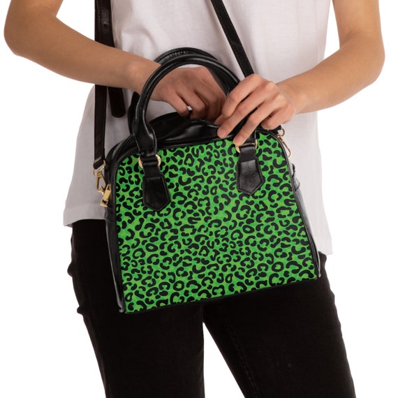 Green Black Leopard Animal Print Vintage Style Convertible Crossbody Shoulder Purse handbag With PU Leather Handles and Removable Strap Etsy