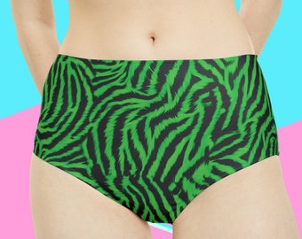 Women's High-Waist Green and Black Tiger Zebra Animal Print Hipster Bikini Swimsuit Swim Bottoms | XS | S | M | L | XL