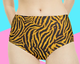 Women's High-Waist Yellow and Black Tiger Zebra Animal Print Hipster Bikini Swimsuit Swim Bottoms | XS | S | M | L | XL