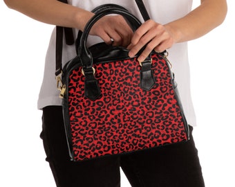 Red & Black Leopard Animal Print Vintage Style Convertible Crossbody Shoulder Purse/ Handbag with PU Leather Handles and Removable Strap
