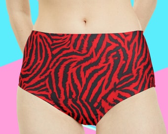 Women's High-Waist Red and Black Tiger Zebra Animal Print Hipster Bikini Swimsuit Swim Bottoms | XS | S | M | L | XL