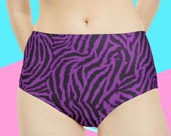 Women's High-Waist Purple and Black Tiger Zebra Animal Print Hipster Bikini Swimsuit Swim Bottoms | XS | S | M | L | XL