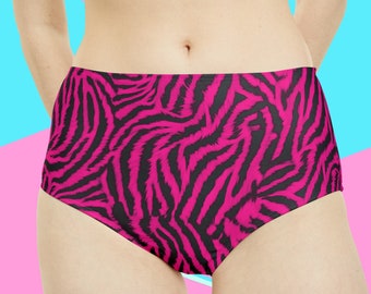 Women's High-Waist Hot Pink and Black Tiger Zebra Animal Print Hipster Bikini Swimsuit Swim Bottoms | XS | S | M | L | XL