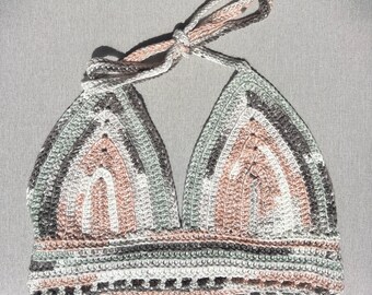 Crochet Top in green/brown/cream/black, size medium