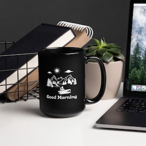 Good Morning! Great Gift for Kayaker - Kayaking Gifts - Kayak Gifts - Black glossy mug
