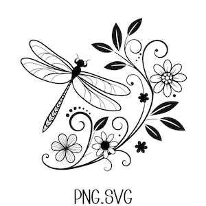 Puede incluir: Ilustración en blanco y negro de línea de arte de una libélula con alas intrincadas y un diseño floral. La libélula está rodeada de flores y hojas estilizadas.