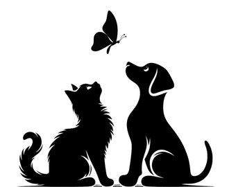Dog and Cat Silhouette with Butterfly, Pet Lovers Vector (SVG, PNG)