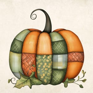 Könnte beinhalten: Digitale Illustration eines Kürbisses mit Patchwork-Design. Der Kürbis besteht aus orangefarbenen, grünen und braunen Stoffabschnitten mit einem dunkelgrünen, gebogenen Stiel. Grüne Blätter und Ranken an der Basis deuten auf ein Herbstthema hin.
