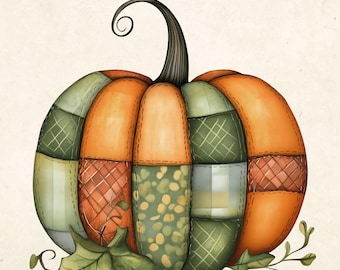 Clipart di zucca patchwork autunnale, raccolto autunnale (download digitale PNG)