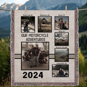 Kundenspezifische Motorradabenteuer gewebte Decke, Motorradreise Decke, Reisefotodecke, personalisierte Geschenke für Biker
