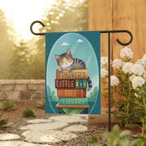 Personalized Kitty Little Free Library Garden Flag, Reading Decor