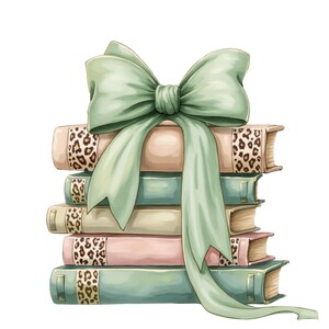 Sage Coquette Bücherstapel PNG, Schleife Bücherstapel Clipart, Stapel Bücher, Bücherillustrationen, Buchliebhaber Bild 1