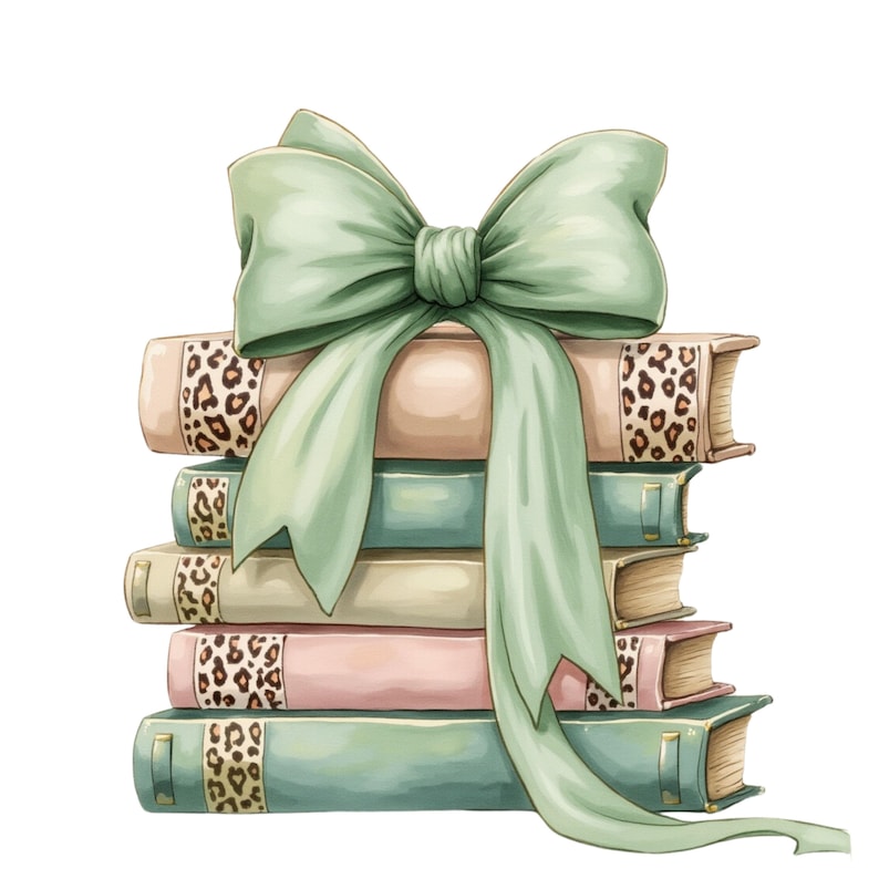 Sage Coquette Bücherstapel PNG, Schleife Bücherstapel Clipart, Stapel Bücher, Bücherillustrationen, Buchliebhaber Bild 1