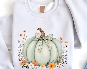 Floral Fall Pumpkin PNG: Coquette Bow Clipart (Digital Download)