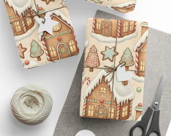 Julklappspapper för pepparkakshus, presentpapper för högtider, sött festligt papper, juldekorationer, baktema, vinterstuga
