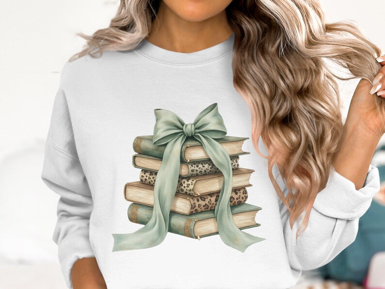 Coquette Bow book stack PNG, Watercolor Book clipart, Leopard Stacked Books Illustration,Book Lover image 4