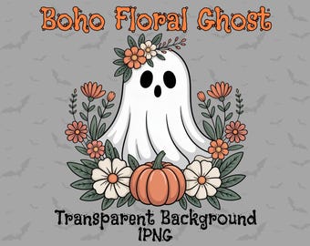 Boho Floral Ghost PNG, Cute Fall Halloween Ghost, Vintage Autumn Sublimation, Spooky Season Shirt Design, Cottagecore Clipart