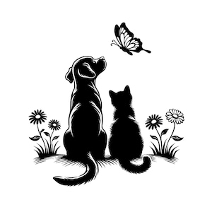 Cat and Dog Buddy SVG, Pet Lovers svg,png,Cat and dog Vector,Floral Pets svg,png,Dog Cat decal clipart, Dog and Cat svg,cat outline svg