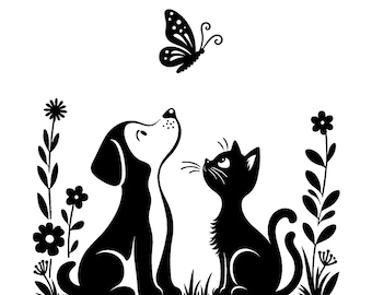 Dog and Cat with Butterfly SVG, Floral Pets Clipart (Digital Download)