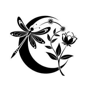 May include: Black and white silhouette of a dragonfly, a crescent moon, and a flower with five petals.