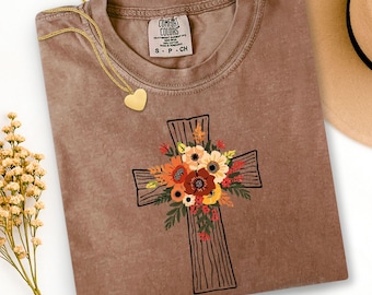 Boho Fall Floral Cross PNG, Rustic Wooden Cross with Flowers, Christian Faith Clipart, Autumn Cross PNG, Religious Sublimation Design