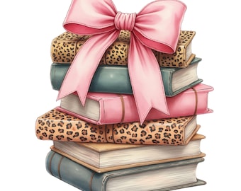Coquette Book Stack PNG, Pink stack of books with bow,leopard print Books Clipart, Pink Bow Book Stack,  Books clipart,Stacked books clipart