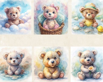 Watercolor Baby Bear Clipart, Playful Teddy Bear PNGs (Digital Download)