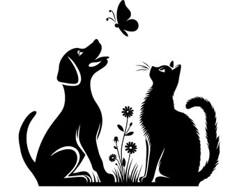 Dog and Cat Silhouette with Butterfly (SVG/PNG)