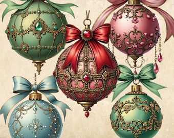 May include: Eight ornate Christmas ornaments with intricate designs and embellishments. The ornaments are in shades of green, pink, red, and blue with gold accents. Each ornament features a bow and a chain.