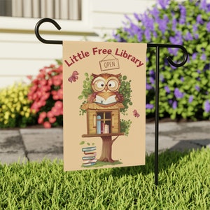 Little Free Library Garden Flag, Owl Reading Book Outdoor Decor