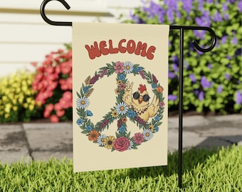 Personalized Welcome Chicken Peace Sign Garden Flag: Hippie Yard Decor
