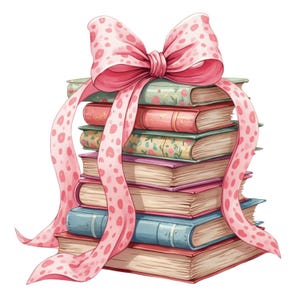 May include: A stack of vintage books tied together with a pink ribbon with white polka dots. The books have floral and patterned covers.