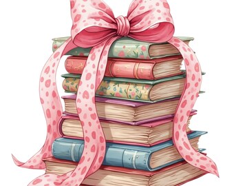Pink coquette Bow book stack png, Pink stack of books with bow,Book lover digital art, cute book stack clipart, pink bow book bundle