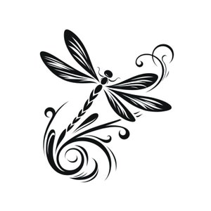 May include: Black and white silhouette of a dragonfly with intricate floral details. The dragonfly is flying with its wings spread out and its body is curved. The floral details are swirling around the dragonfly.