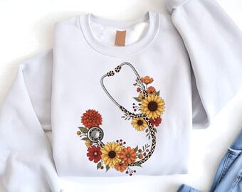 Fall Floral Leopard Stethoscope PNG: Nurse Sublimation Design (Digital Download)