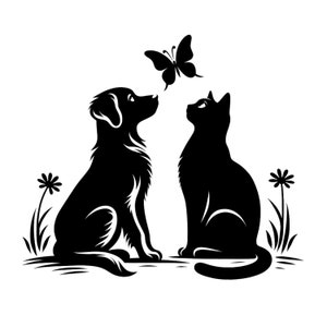 Cat and Dog Buddy SVG, Pet Lovers svg png, Cat and dog Vector, Floral Pets Dog Cat decal clipart, Dog and Cat svg, Cat and Dog Silhouette