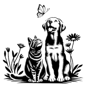 May include: Black and white illustration of a cat and a dog sitting together in a field of flowers. A butterfly flies above them.
