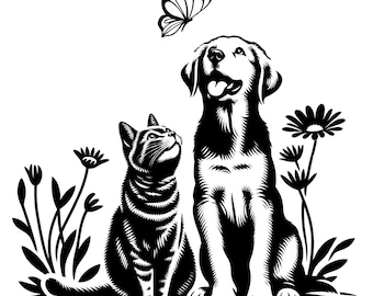 Cat and Dog with Butterfly, Floral Pet Vector (SVG/PNG)