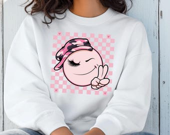 Rosa kariertes Smiley-Gesicht, Retro kariertes Smiley-Gesicht, Groovy Smiley-Gesicht, Valentine Vibes Smiley-Gesicht