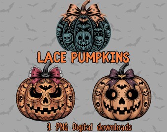 Spooky Lace Pumpkin PNG Bundle with Bows, Halloween Lace Pumpkin PNG, Pumpkin Bow, Creepy Cute Pumpkin Illustrations, Coquette Pumpkin