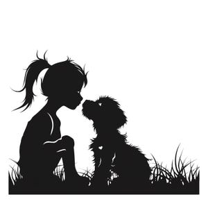 Klein meisje met haar puppy PNG, SVG, clipart jong meisje en puppy, kind en huisdier print, beste vrienden SVG