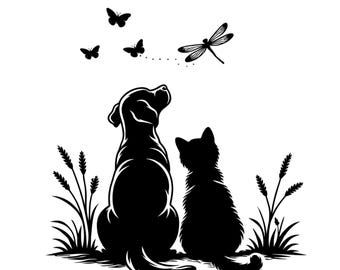 Dog and Cat SVG, Animal Silhouette Cut File, Friendship Animal, Dragonfly Butterfly, Pet Lover, Cricut