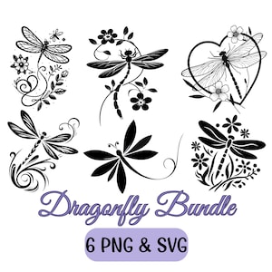 Könnte beinhalten: Ein Set mit sechs schwarz-weißen Libellen-Illustrationen mit floralen Akzenten. Die Illustrationen sind in verschiedenen Posen und Stilen gehalten und eignen sich perfekt für Bastelprojekte, Scrapbooking oder digitales Design.  Dragonfly Bundle 6 PNG & SVG