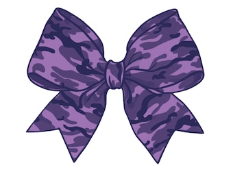 May include: A purple and black camouflage bow with a large, looped center.