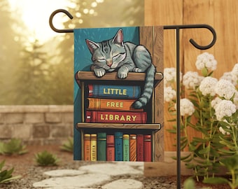 Little Free Library cat napping Flag,Free little Library,Library Garden Flag,Welcome Library sign