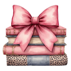 May include: A stack of books tied together with a large pink bow. The books have different covers, including a pink cover with gold accents, a brown cover with gold accents, and a brown and leopard print cover.