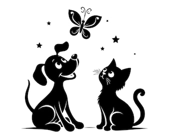 Dog and Cat with Butterfly SVG PNG, Nursery Decor (Digital Download)