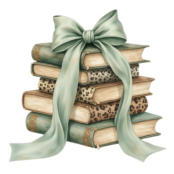 Coquette Bow book stack PNG, Watercolor Book clipart, Leopard Stacked Books Illustration,Book Lover