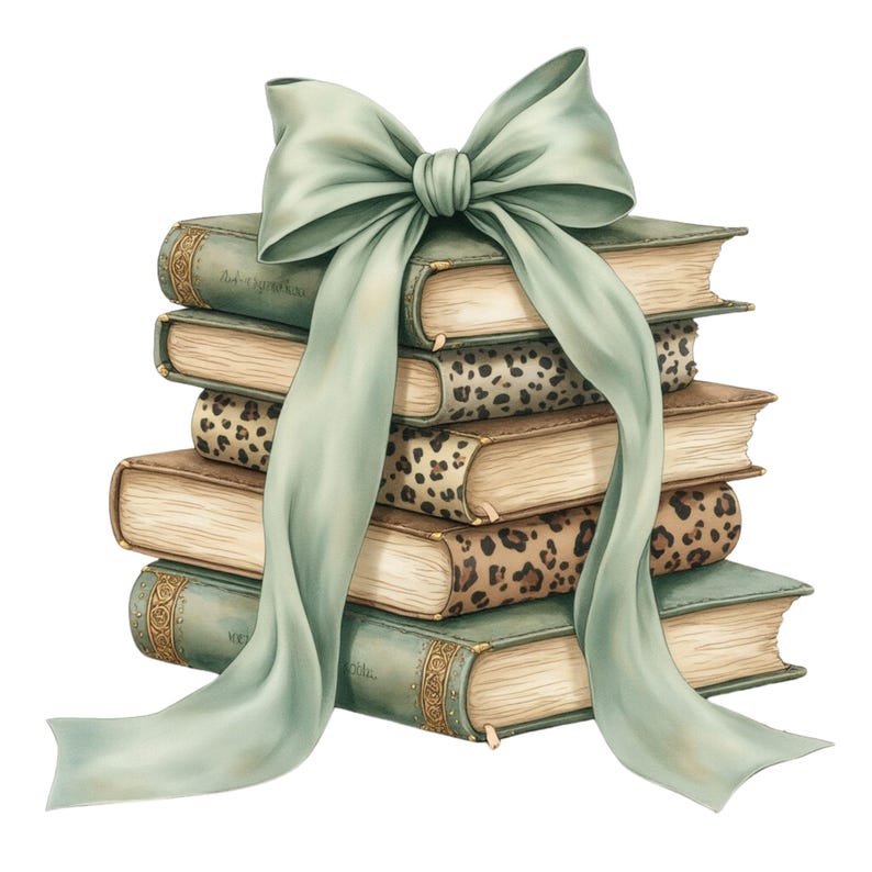 Coquette Bow book stack PNG, Watercolor Book clipart, Leopard Stacked Books Illustration,Book Lover image 1
