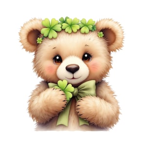 May include: A cute teddy bear illustration with a light brown fur, wearing a green shamrock bow and a shamrock crown. The bear has rosy cheeks and big brown eyes, perfect for St. Patrick's Day or a whimsical theme.